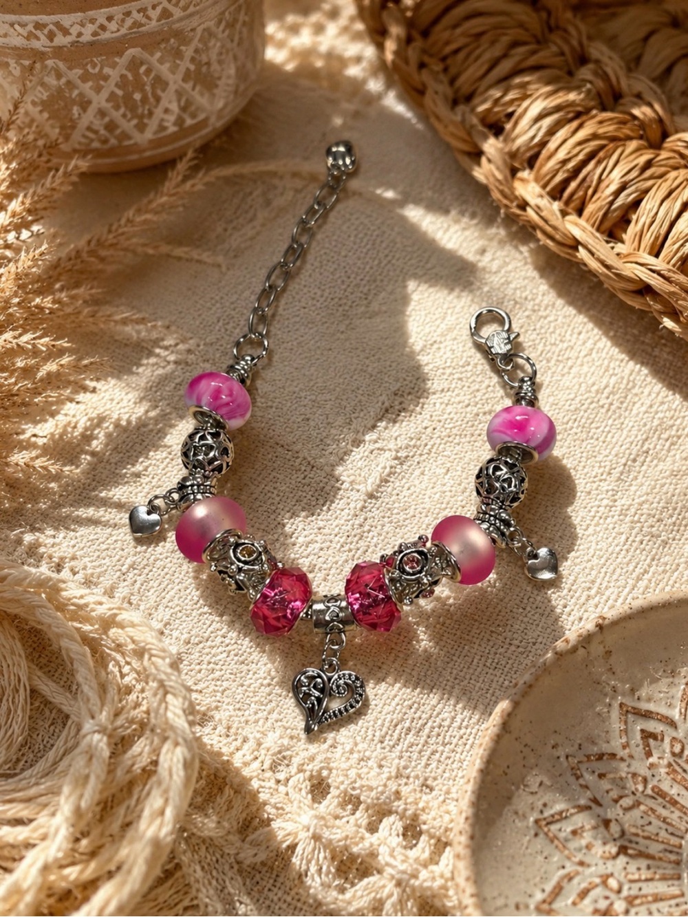 Pink Hearts Charm Bracelet | Handmade Silver Beaded Bracelet